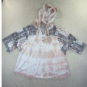 POL Women's Medium Peach White Short Sleeve Hooded Lightweight Paisley Sweater